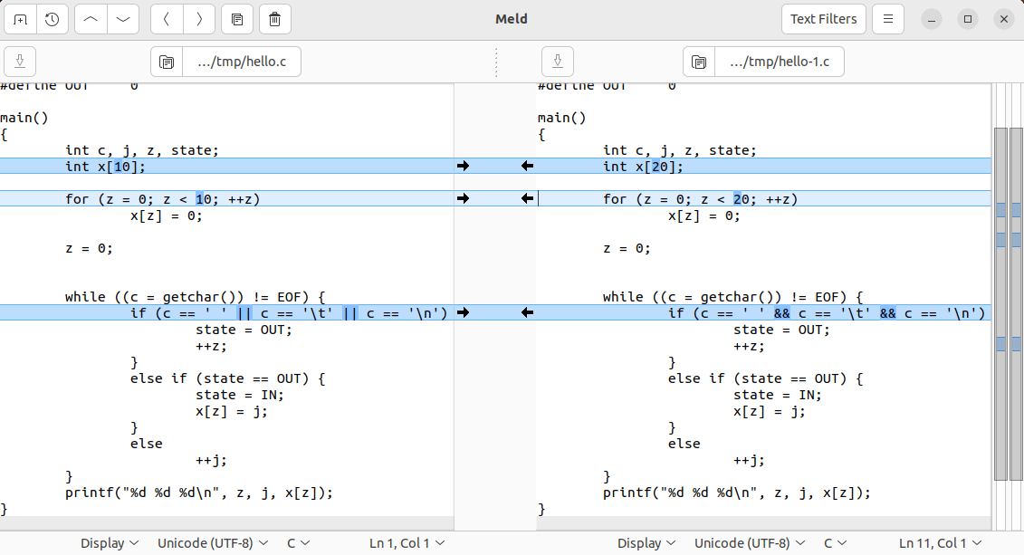 A screenshot of the Meld program showing a simple diff.